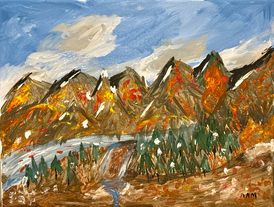 abstract acrylic painting of mountain range in autumn with snow caps at tops and a river running through the valley, lined with evergreens