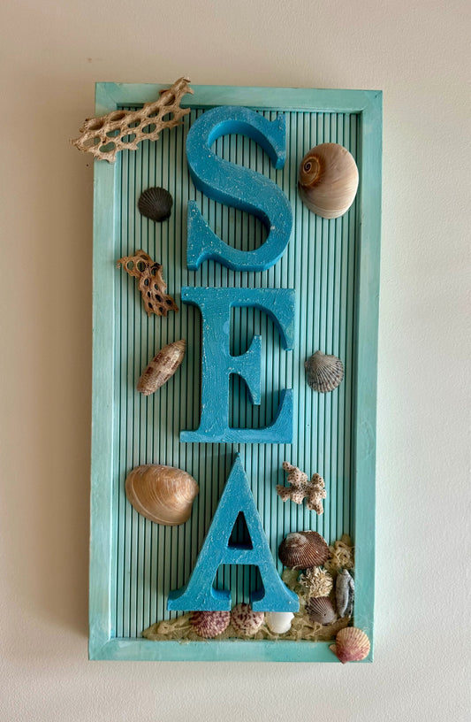 beach sign decor
hand-crafted beach sign
up-cycled beach home decor