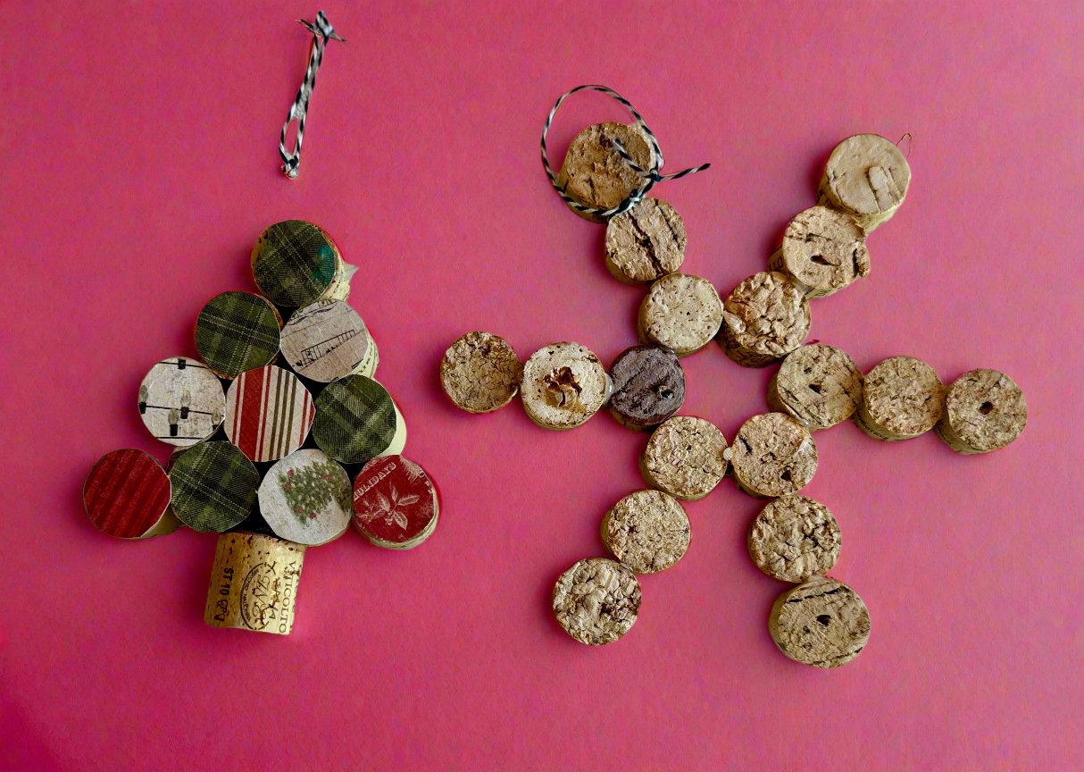 close up of Christmas tree shaped ornament and snowflake ornament made from multiple wine corks.  Christmas tree is decorated with various vintage card stock